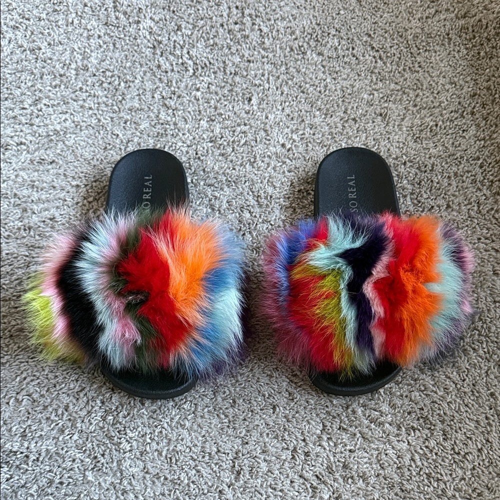 Colorful Fox Fur Slide Slippers - Multicolor